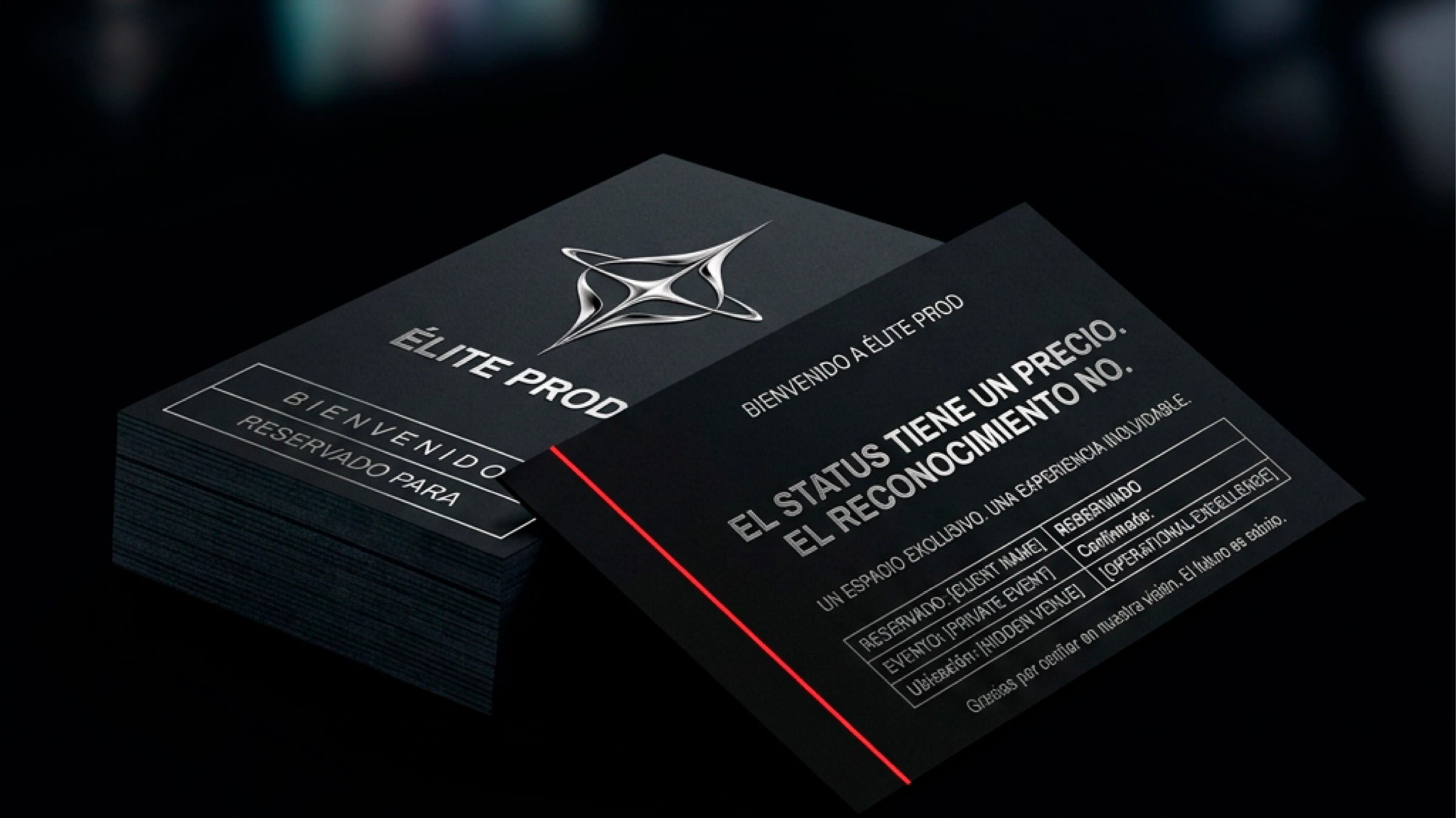Tarjetas negras de reservación de ÉLITE PROD con la estrella cromada y una línea roja.