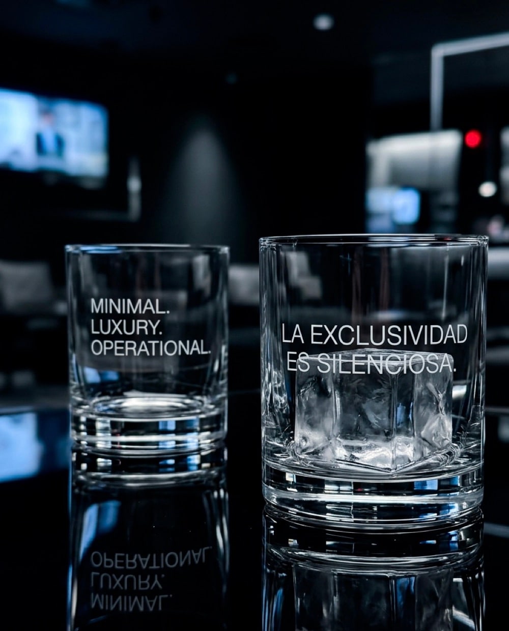 Dos vasos de cristal grabados con las frases Minimal Luxury Operational y La exclusividad es silenciosa.