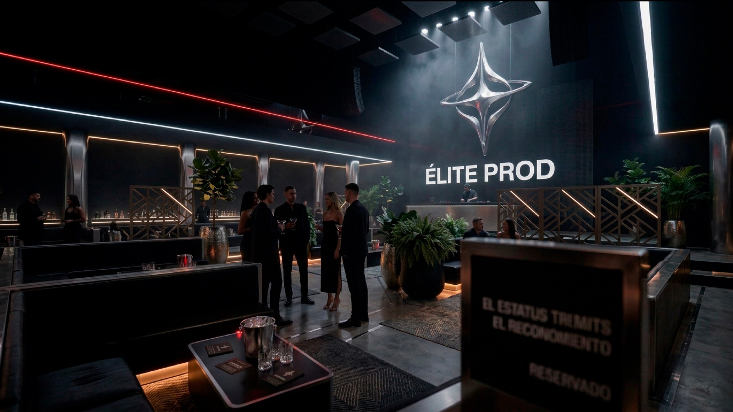 Salón oscuro con la estrella cromada de ÉLITE PROD sobre la cabina, mesas reservadas y luces LED rojas y blancas.